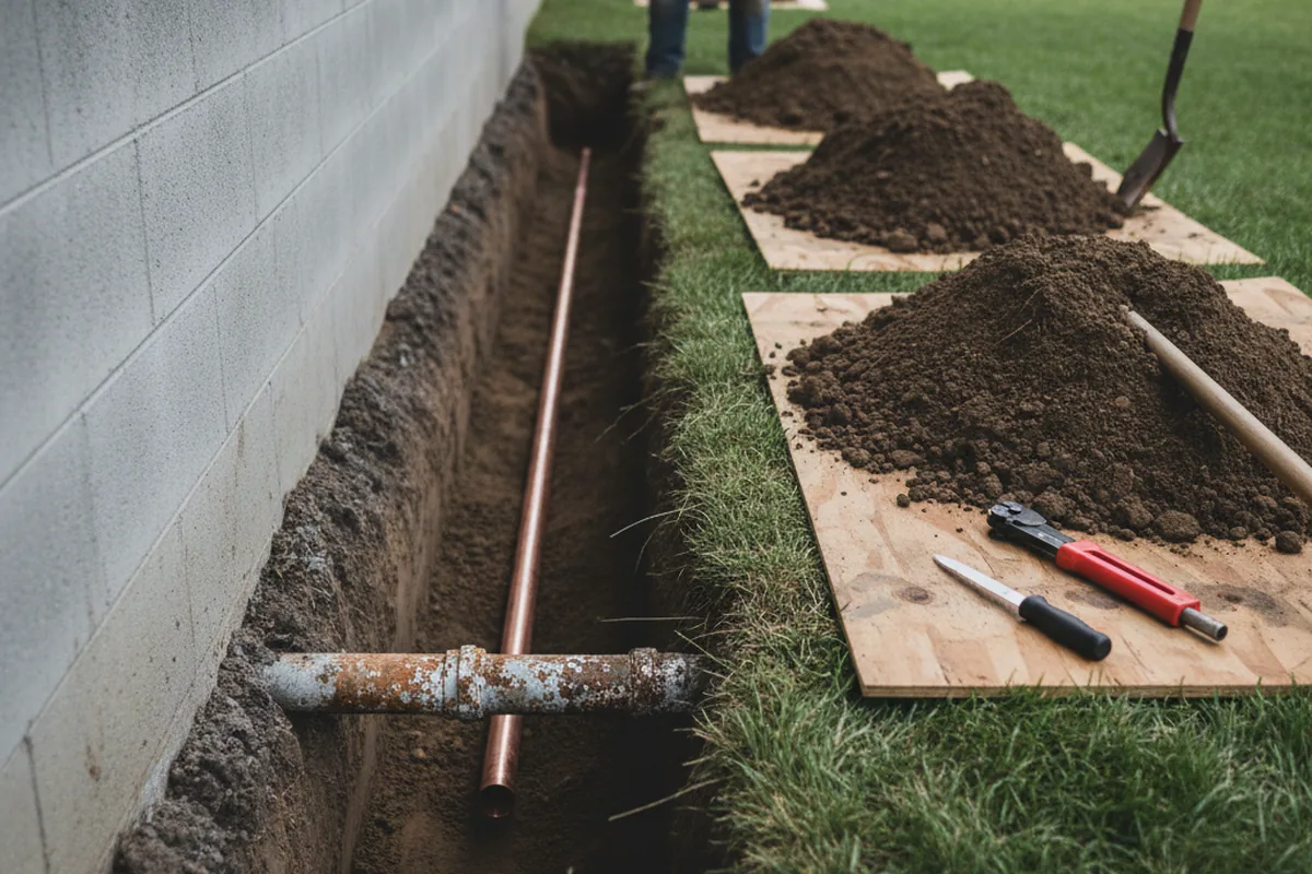 Excavated water line trench during Sewer Line Repair in Questa